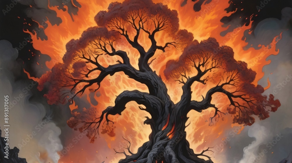 burn old oak tree illustration burn old oak tree illustration