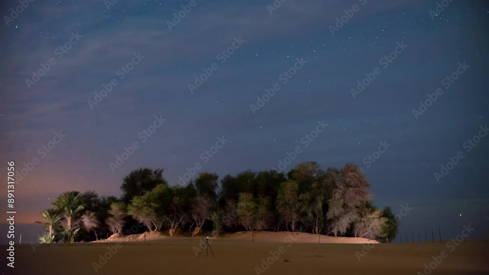 Time lapse of night Stars milky way motion night sky during off road camping in Oasis desert. Time lapse of night Stars milky way motion night sky during off road camping in Oasis desert.