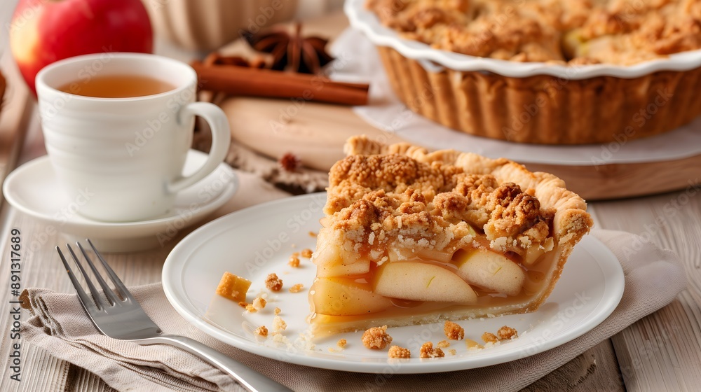 Slice of Classic Apple Pie Streusel Topping Tea Fall Autumn Theme Slice of Classic Apple Pie Streusel Topping Tea Fall Autumn Theme