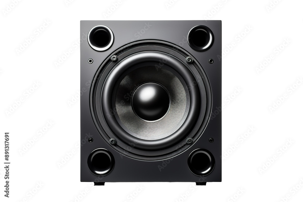 A Black Subwoofer Speaker Ready To Amplify The Music on a Clear PNG or White Background. A Black Subwoofer Speaker Ready To Amplify The Music on a Clear PNG or White Background.