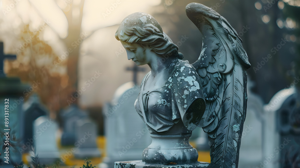 A serene angel statue in a peaceful cemetery setting. Ideal for funeral services or religious themes A serene angel statue in a peaceful cemetery setting. Ideal for funeral services or religious themes