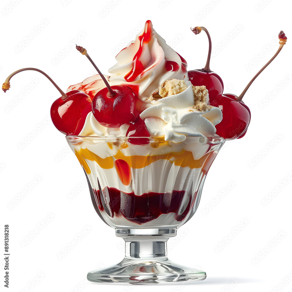 Ice cream with cherries and whipped cream isolated on white background