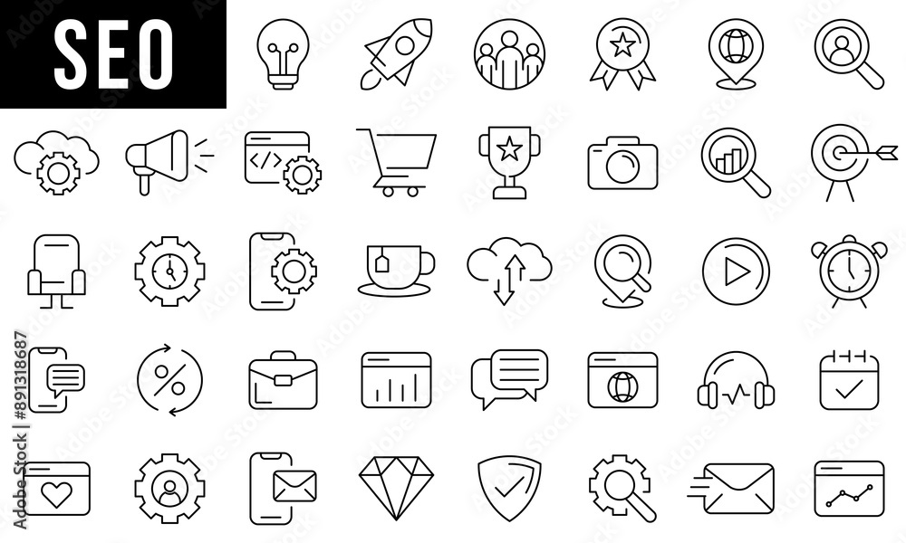 Outline web icons set - Search Engine Optimization. Thin line web icon collection. Simple vector illustration. Outline web icons set - Search Engine Optimization. Thin line web icon collection. Simple vector illustration.