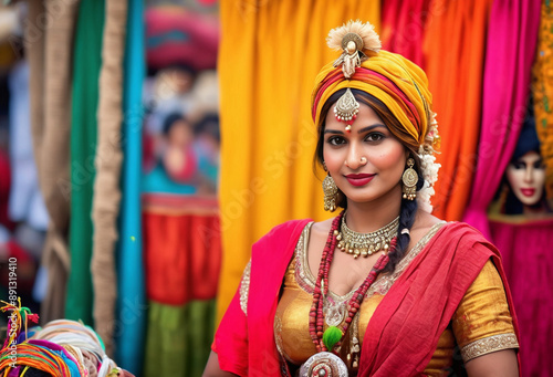 Indian Banjara (Gypsy) woman at fabric store photo