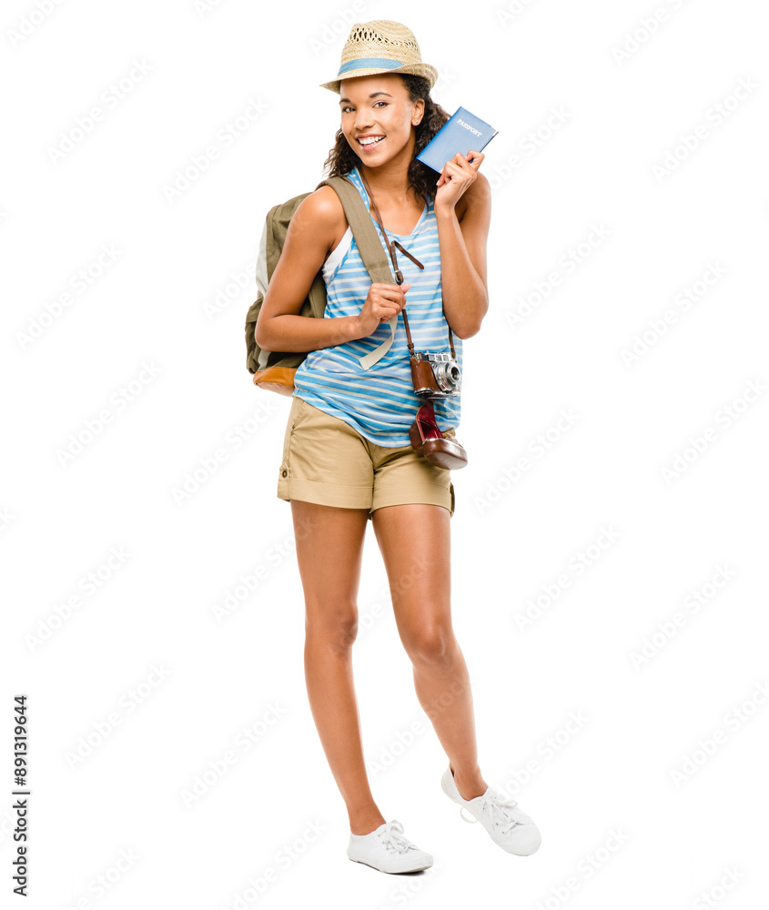 Woman, student and travel with passport in studio, camera and memories on white background. Document, freedom and portrait for female person, backpack and tourism in Europe with ticket and smile Woman, student and travel with passport in studio, camera and memories on white background. Document, freedom and portrait for female person, backpack and tourism in Europe with ticket and smile