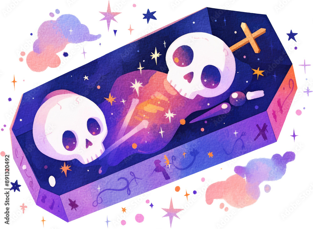 Obraz premium classic and cute halloween coffin ghost death dead skull skeleton watercolor texture isolated spooky fantasy for kids clipart