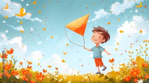 illustration, vector, flat, cute icon set of boy running and playing kite flying holding string on green meadow. vector illustration of a happy boy playing walking outdoors on a sunny day on a colorfu photo