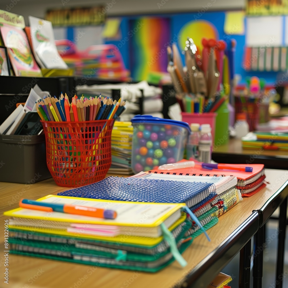 Vibrant Classroom Setup with Organized Notebooks and School Supplies for Engaging Learning Experience Vibrant Classroom Setup with Organized Notebooks and School Supplies for Engaging Learning Experience