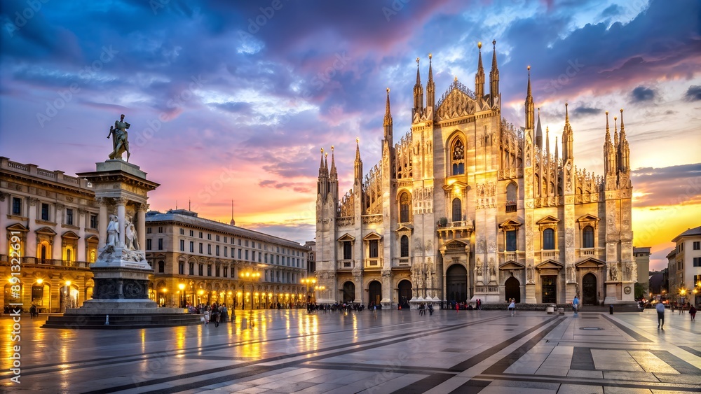 Obraz premium Duomo square with statue of king victor emmanuel ii at sunset in milan