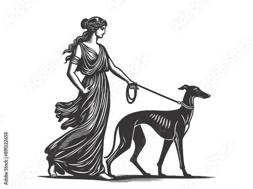 Beautiful antique woman with graceful greyhound dog.  Engraving vintage vector illustration, monochrome black color. Woodcut	