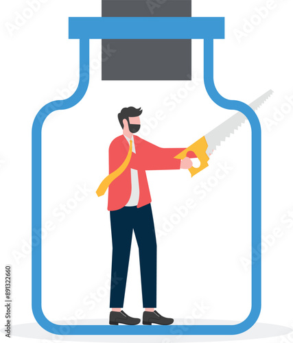 Businessmen saw the bottom of the bottle with a saw, Business concept illustration, vector, web page.

