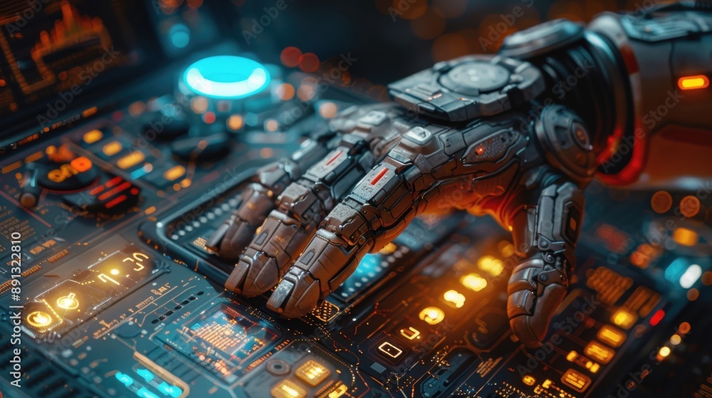 Futuristic robot hand interacting with advanced control panel, showcasing cutting-edge technology and AI integration in a high-tech environment. Futuristic robot hand interacting with advanced control panel, showcasing cutting-edge technology and AI integration in a high-tech environment.