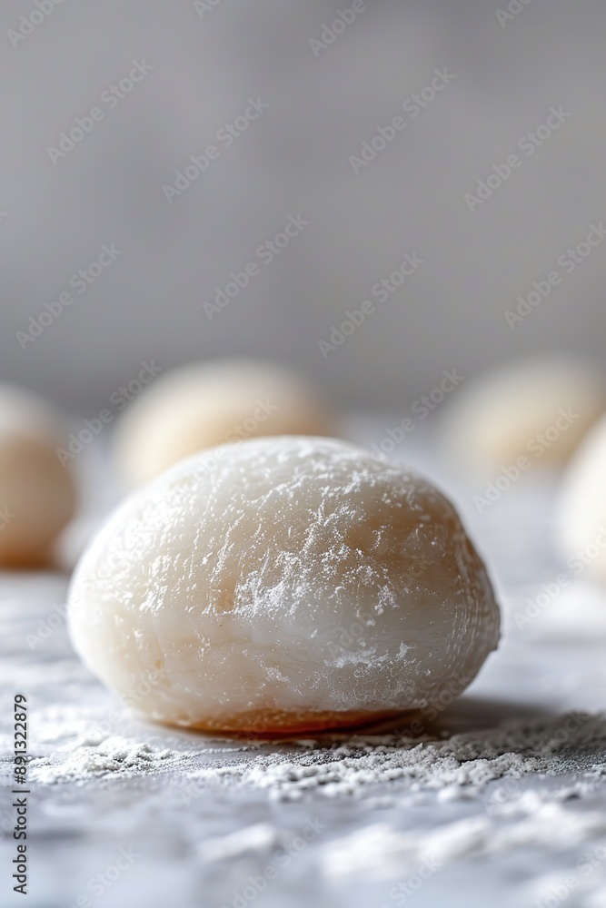 Soft mochi doughnut on table, dusted with flour, perfect chewy s Soft mochi doughnut on table, dusted with flour, perfect chewy s