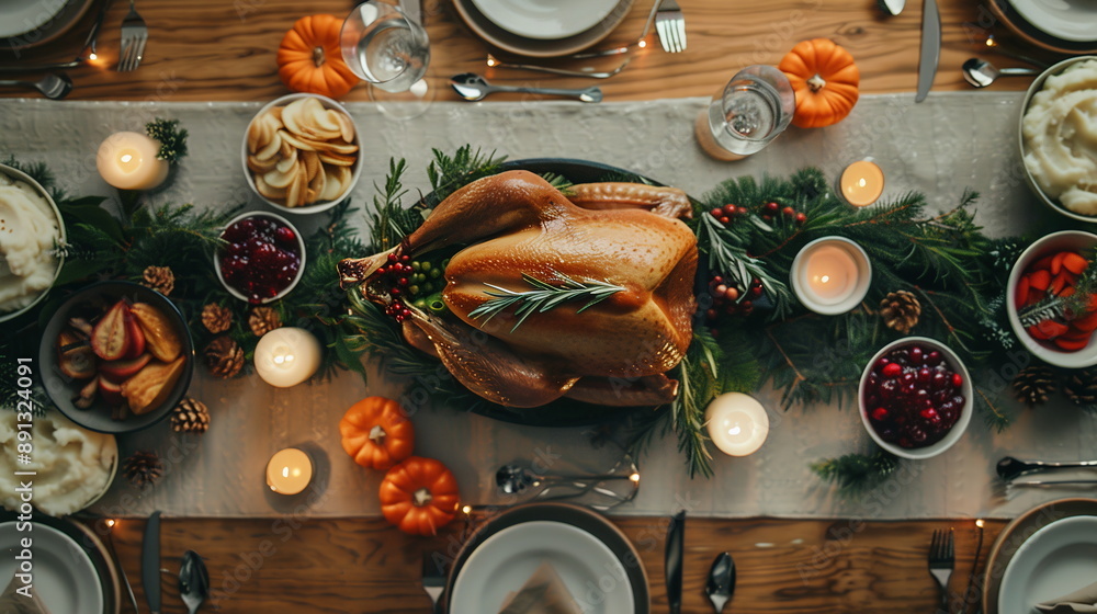 A festive Christmas dinner table set with a golden roasted turkey as the centerpiece, surrounded by bowls of mashed potatoes, cranberry sauce, and steamed vegetables. Atmosphere of Christmas New Year A festive Christmas dinner table set with a golden roasted turkey as the centerpiece, surrounded by bowls of mashed potatoes, cranberry sauce, and steamed vegetables. Atmosphere of Christmas New Year