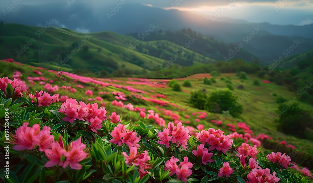 Vivid pink flowers blooming in a lush green hillside vista