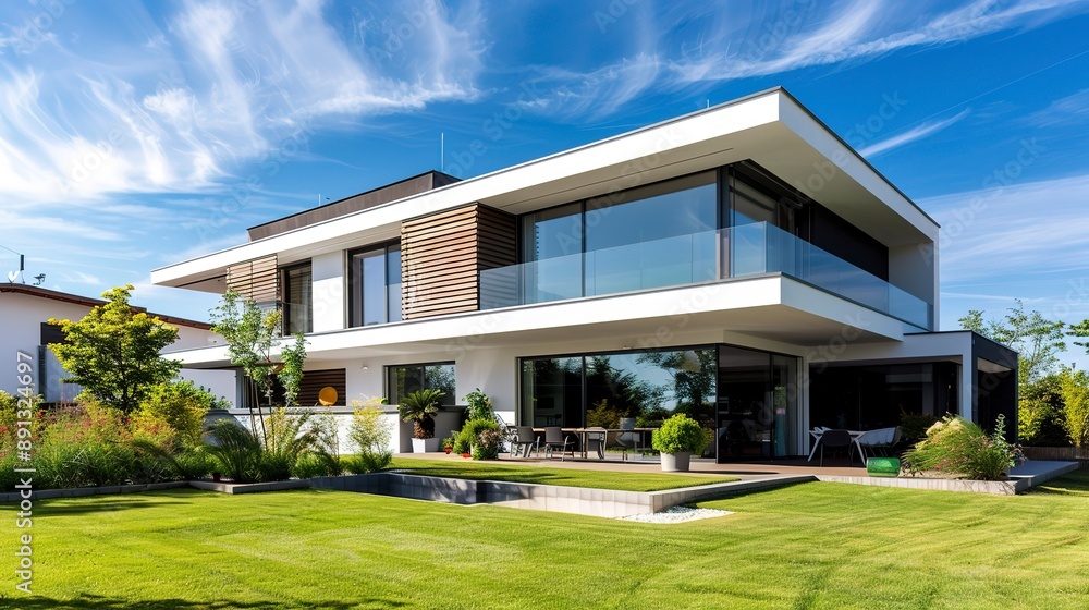 Modern two-storey house with a flat lawn in the yard Modern two-storey house with a flat lawn in the yard