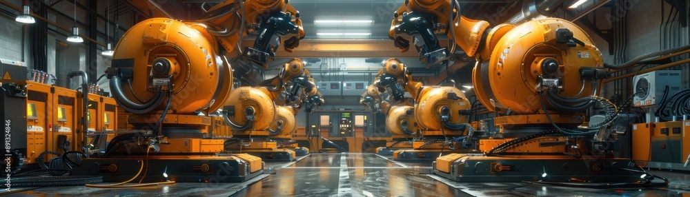Industrial robots in a factory assembly line, showcasing modern automation technology and advanced manufacturing processes. Industrial robots in a factory assembly line, showcasing modern automation technology and advanced manufacturing processes.