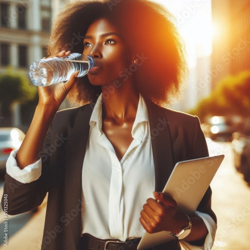 A black woman drinking water on the street