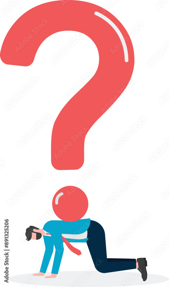 Businessman bent over by a huge question mark, Business concept illustration, vector, web page.
Businessman bent over by a huge question mark, Business concept illustration, vector, web page.