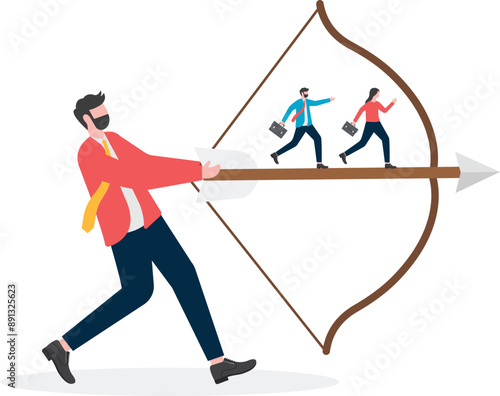 Businessman holding a megaphone standing on a bow and arrow ready to shout

