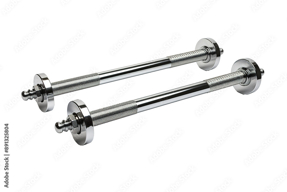 Shiny Chrome Weightlifting Bars Ready For A Strength Training Workout on a Clear PNG or White Background. Shiny Chrome Weightlifting Bars Ready For A Strength Training Workout on a Clear PNG or White Background.
