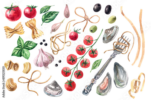 Ingredients for pasta with tomatoes and seafood watercolor illustration isolated on white background. Italian Cuisine.