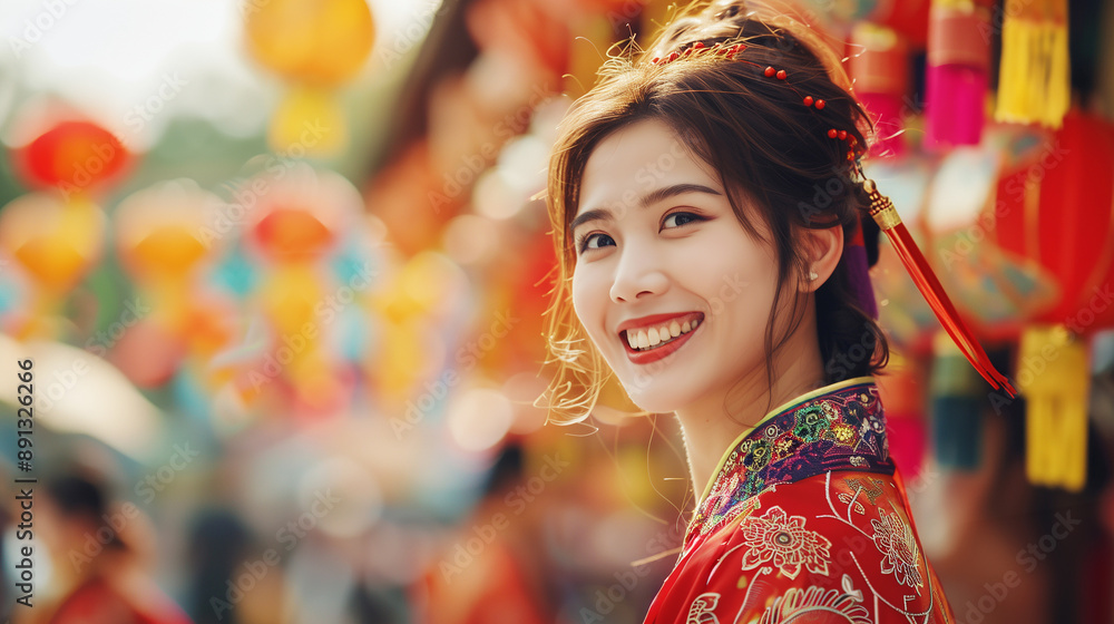 A smiling Asian woman in traditional attire performing a cultural dance in an outdoor festival setting. A smiling Asian woman in traditional attire performing a cultural dance in an outdoor festival setting.