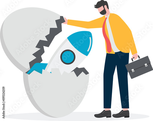 Businessman opens eggshell and finds rocket, startup concept, Business concept illustration, vector, web page.

