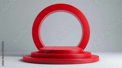 Vibrant Red Round Podium with Glossy Finish Perfect for Modern Display and Events photo