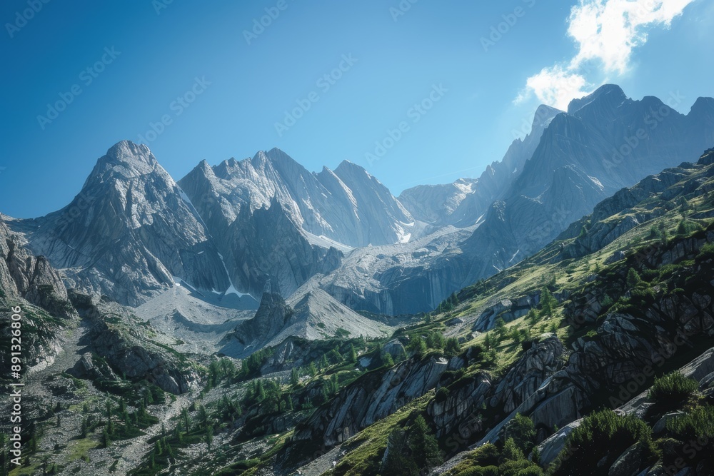 Majestic Mountain Landscape Under Clear Blue Sky for Adventure and Exploration Themes Majestic Mountain Landscape Under Clear Blue Sky for Adventure and Exploration Themes