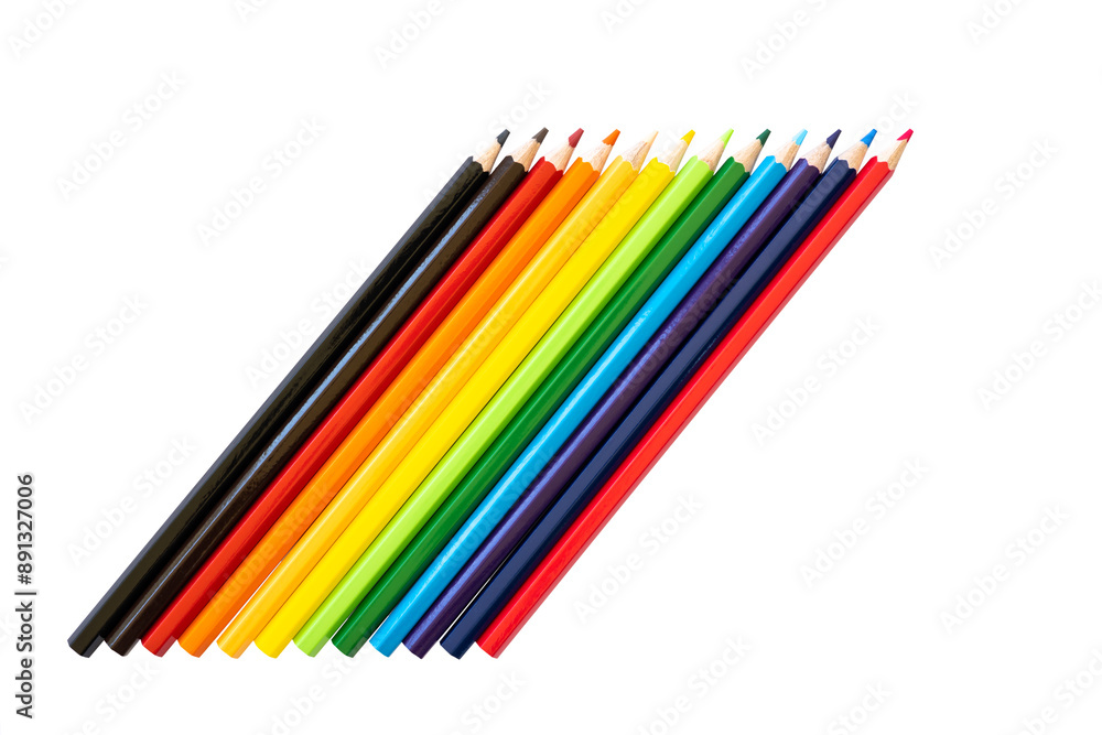 Obraz premium Background isolate, close-up view of a group of colorful new crayons.