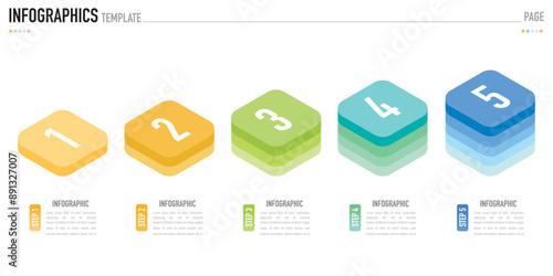 Rectangular isometric infographic template or element with 5 step, process, option, colorful rectangle, bar, column, arrow, minimal style, slide
