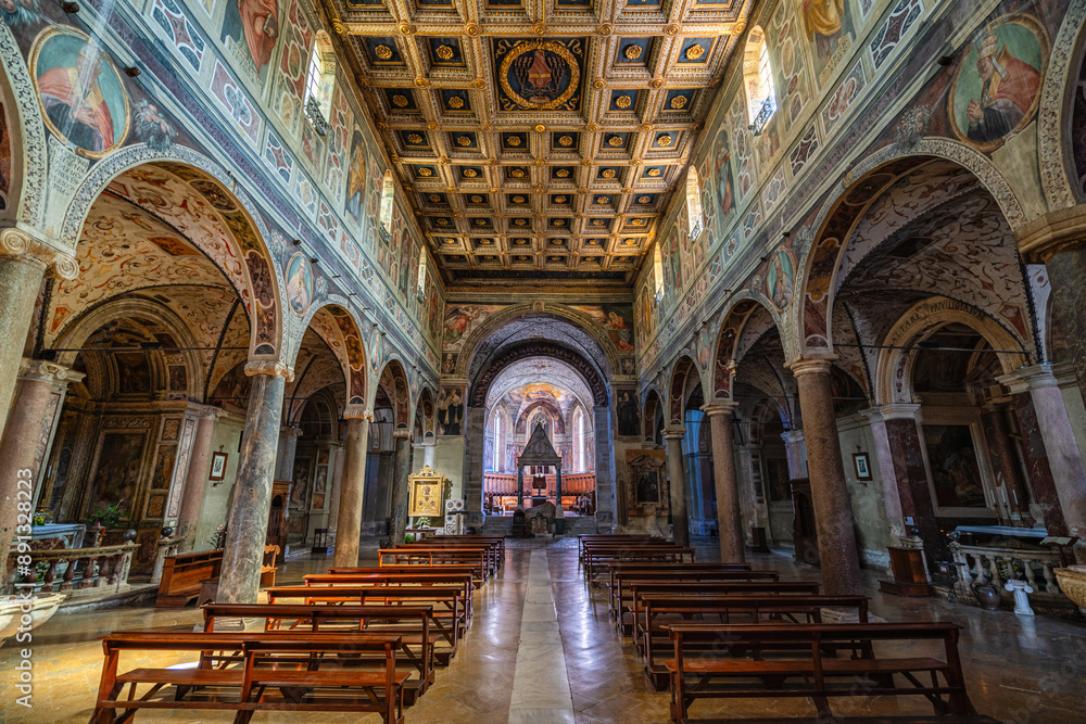 Fototapeta premium Indoor view in the marvelous Farfa Abbey, in the Province of Rieti, Lazio, Italy. June-13-2024