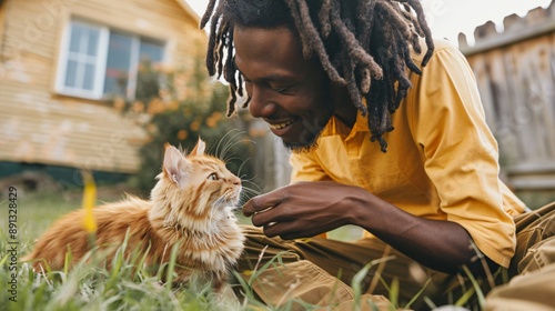 African American Man with Dreadlocks Playing with Cat photo