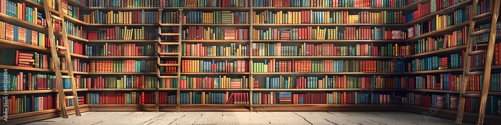 An artistic portrayal of a library corner, with shelves brimming with colorful books and a vintage wooden ladder against a minimalist backdrop. An artistic portrayal of a library corner, with shelves brimming with colorful books and a vintage wooden ladder against a minimalist backdrop.