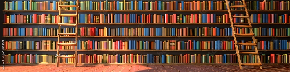 An artistic portrayal of a library corner, with shelves brimming with colorful books and a vintage wooden ladder against a minimalist backdrop. An artistic portrayal of a library corner, with shelves brimming with colorful books and a vintage wooden ladder against a minimalist backdrop.