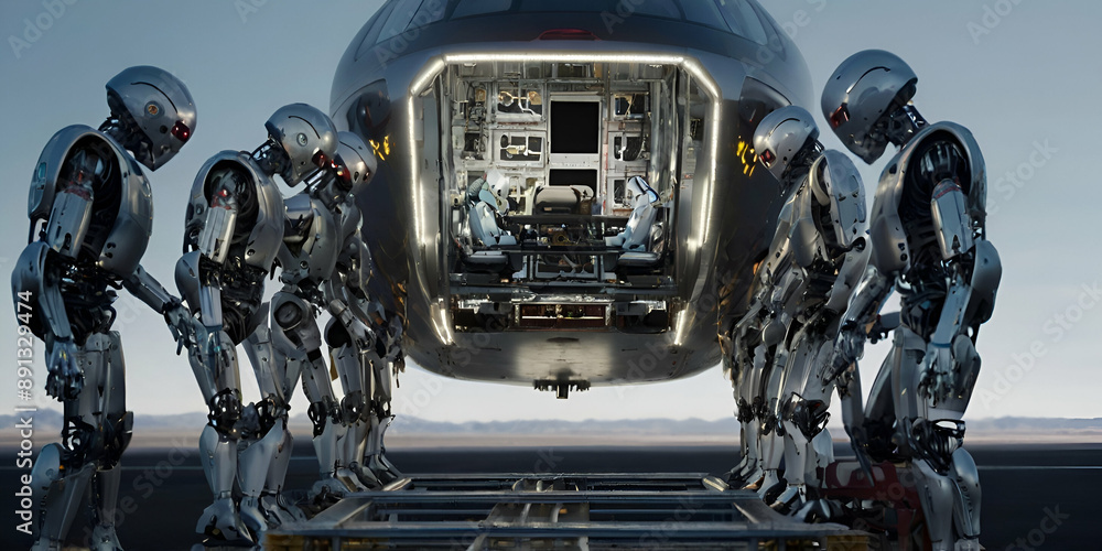 Obraz premium Robots Performing Maintenance on Engines of Luxurious Airplane