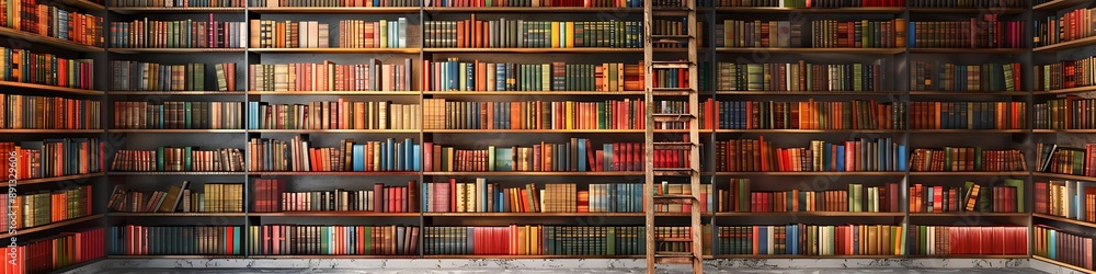 An artistic portrayal of a library corner, with shelves brimming with colorful books and a vintage wooden ladder against a minimalist backdrop. An artistic portrayal of a library corner, with shelves brimming with colorful books and a vintage wooden ladder against a minimalist backdrop.
