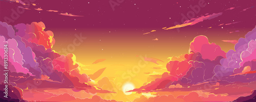 Sunset sky. Cartoon summer sunrise with pink clouds and sunshine, evening cloudy heaven panorama. Morning landscape vector illustration. Beautiful cloudscape with fluffy cumulus, colorful twilight