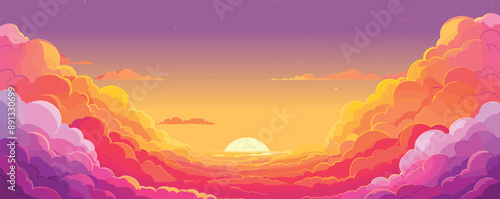 Sunset sky. Cartoon summer sunrise with pink clouds and sunshine, evening cloudy heaven panorama. Morning landscape vector illustration. Beautiful cloudscape with fluffy cumulus, colorful twilight