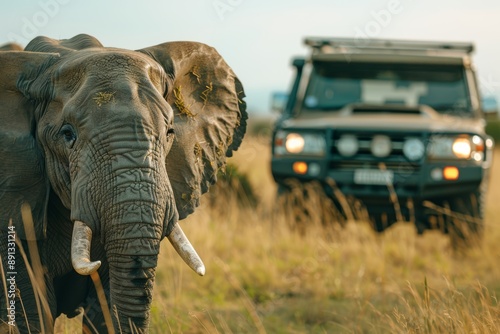 African Safari Adventure: Close-Up of Majestic Elephant with Off-Road Vehicle in Natural Habitat