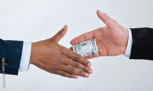 Bild auf Leinwand Money, handshake and business people for deal in studio for theft, bribery and finance corruption