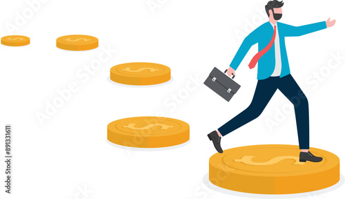 Stepping on gold coins to flee, Business concept illustration, vector, web page.

