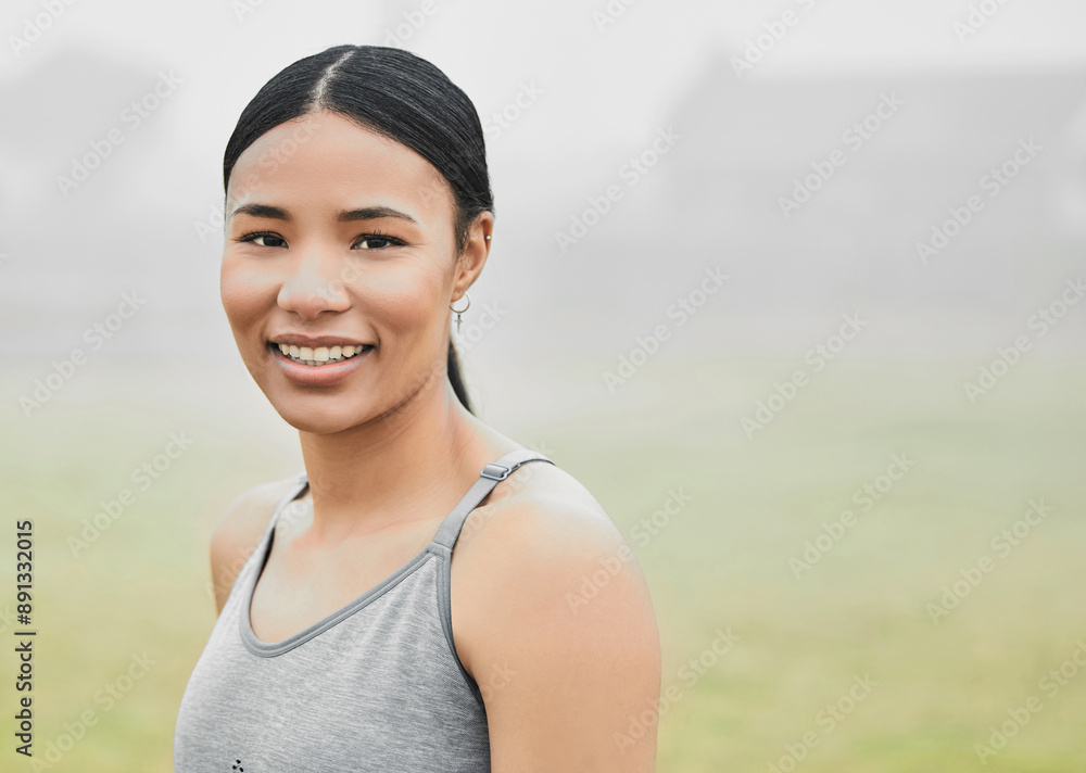 Happy, running and portrait of woman in park for fitness, cardio and sports performance. Workout, health and wellness with face of runner in nature for marathon training, challenge and exercise Happy, running and portrait of woman in park for fitness, cardio and sports performance. Workout, health and wellness with face of runner in nature for marathon training, challenge and exercise