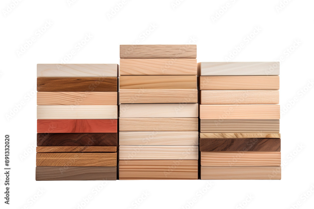 A Symphony of Wood: Stacked Wooden Slabs Displaying a Spectrum of Grain Patterns and Colors on a Clear PNG or White Background. A Symphony of Wood: Stacked Wooden Slabs Displaying a Spectrum of Grain Patterns and Colors on a Clear PNG or White Background.