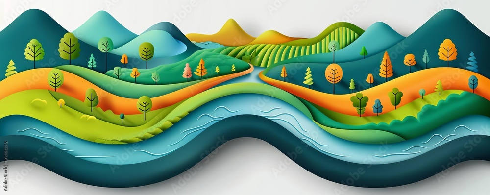 Smooth river flow, vibrant colors, flat design illustration Smooth river flow, vibrant colors, flat design illustration