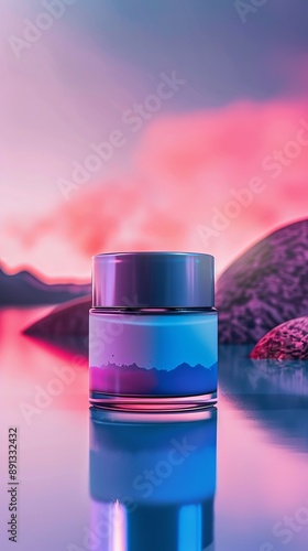 A bottle of perfume is sitting on a table next to a body of water