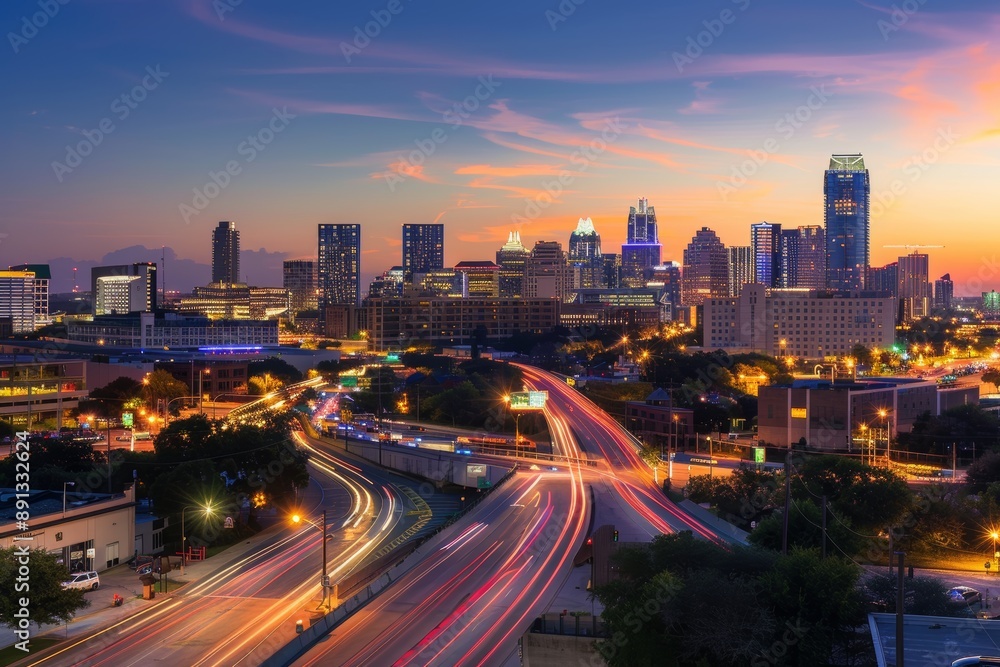 Fototapeta premium Urban Nightfall: Panoramic City Skyline at Dusk with Twinkling Lights and Busy Highways