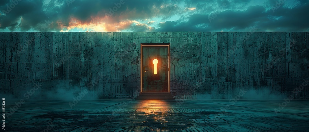 A door with a keyhole is lit up in a dark room A door with a keyhole is lit up in a dark room