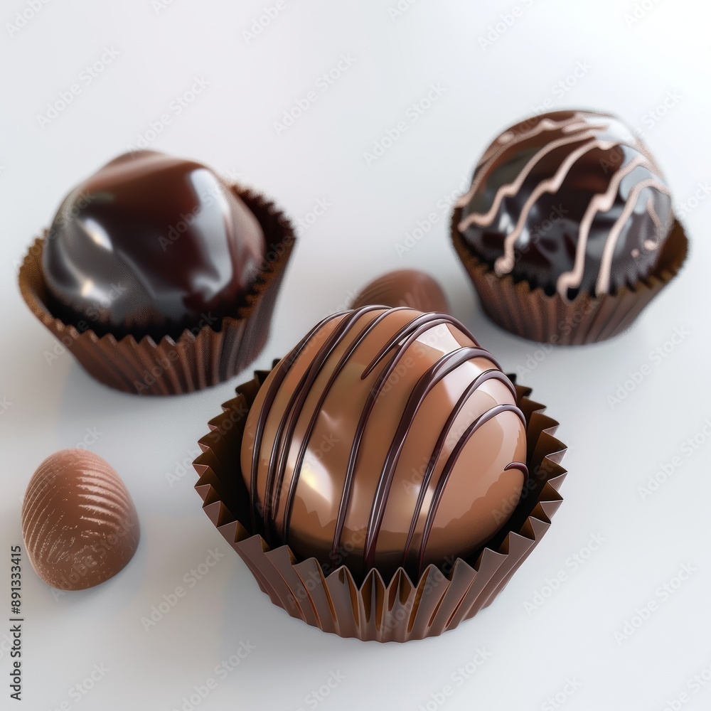 Assorted Gourmet Chocolate Truffles on White Close-up of assorted gourmet chocolate truffles with decorative drizzles, presented on a white surface, highlighting their rich texture and flavor Assorted Gourmet Chocolate Truffles on White Close-up of assorted gourmet chocolate truffles with decorative drizzles, presented on a white surface, highlighting their rich texture and flavor